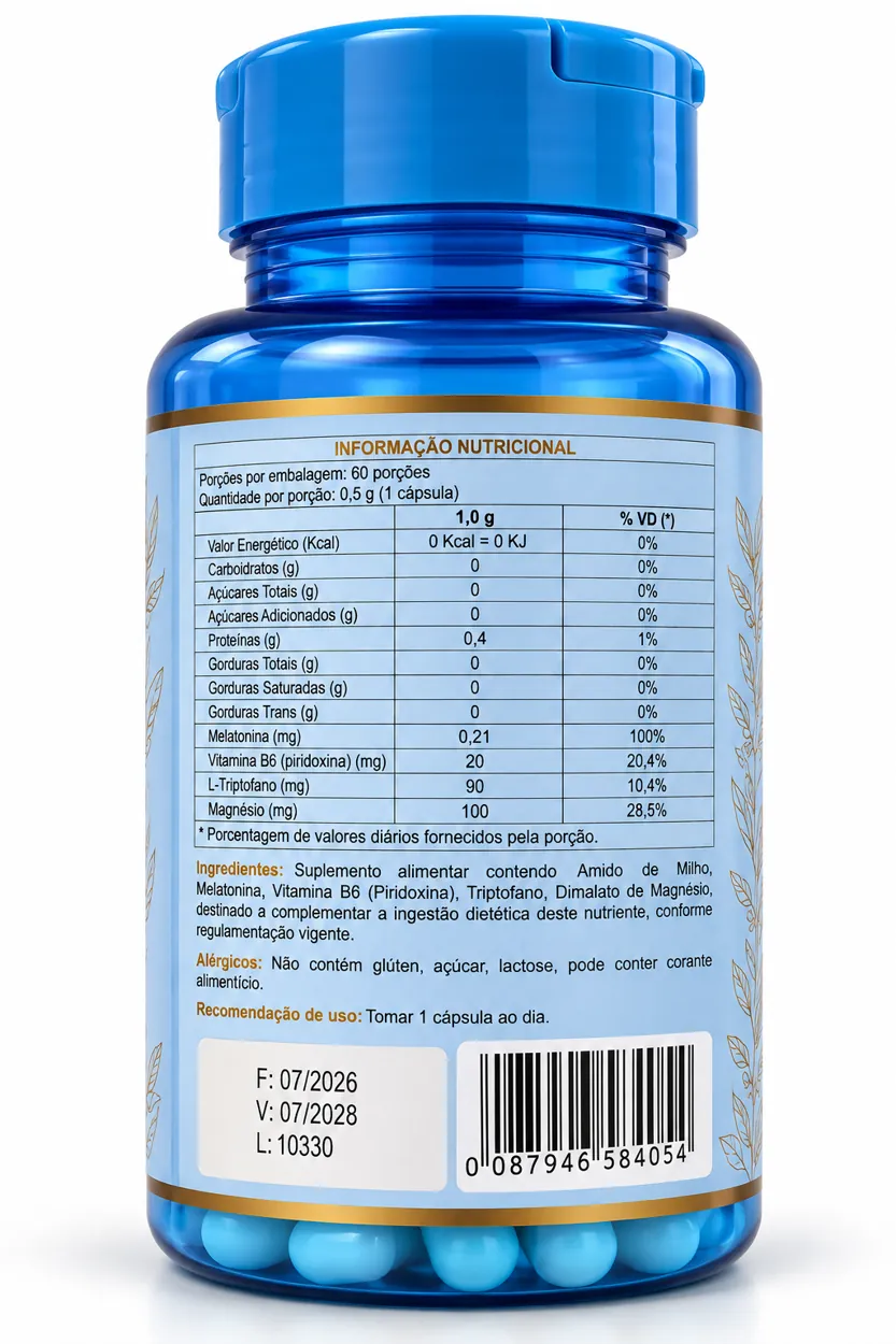 Tabela nutricional impressa no rótulo de Melatonina Verum
