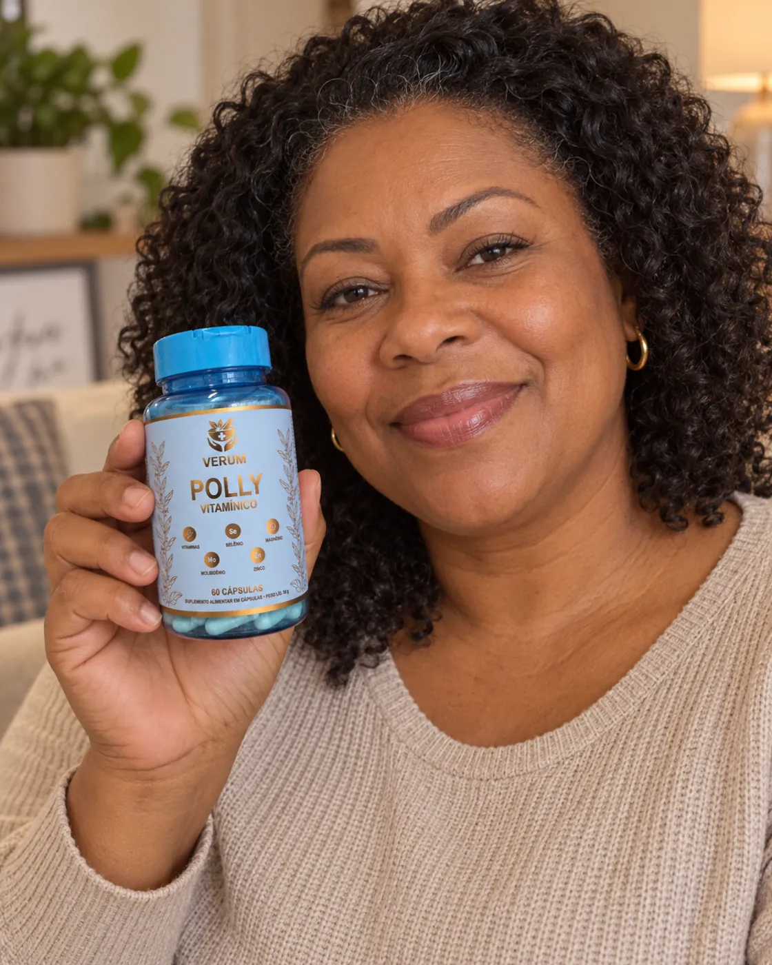 Mulher sorrindo em casa, segurando um frasco de Polly Vitamínico Verum